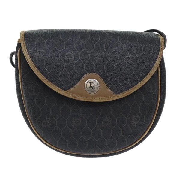 Christian Dior Honeycomb Canvas Shoulder Bag PVC Leather Black Gold Auth - Picture 11 of 15